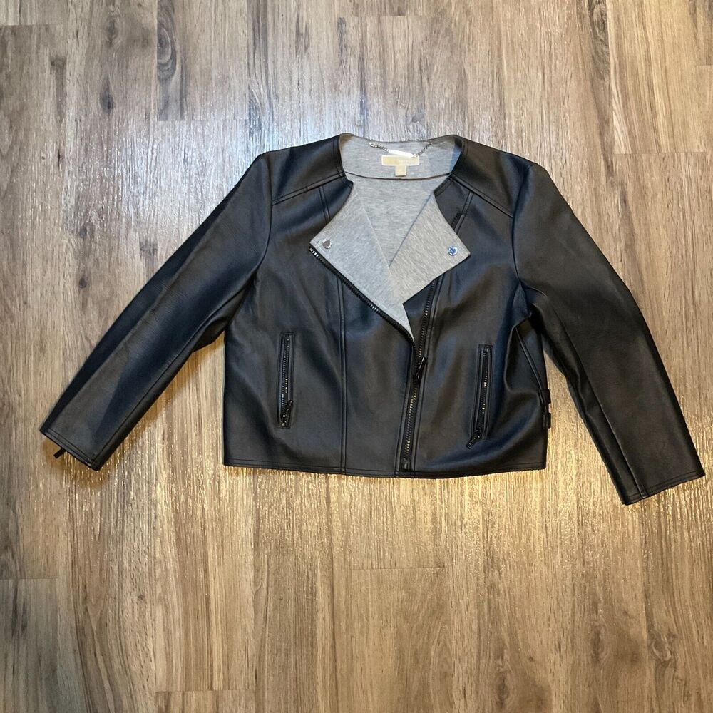 Michael Kors Womens Size XL Black Faux Leather Moto Jacket Coat Lined Pockets‎